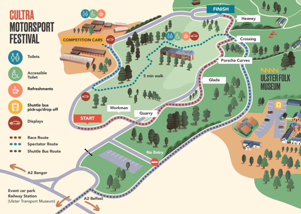 An illustrated map showing green spaces, road lines to show a race track and the beige spots signify musuem grounds. 