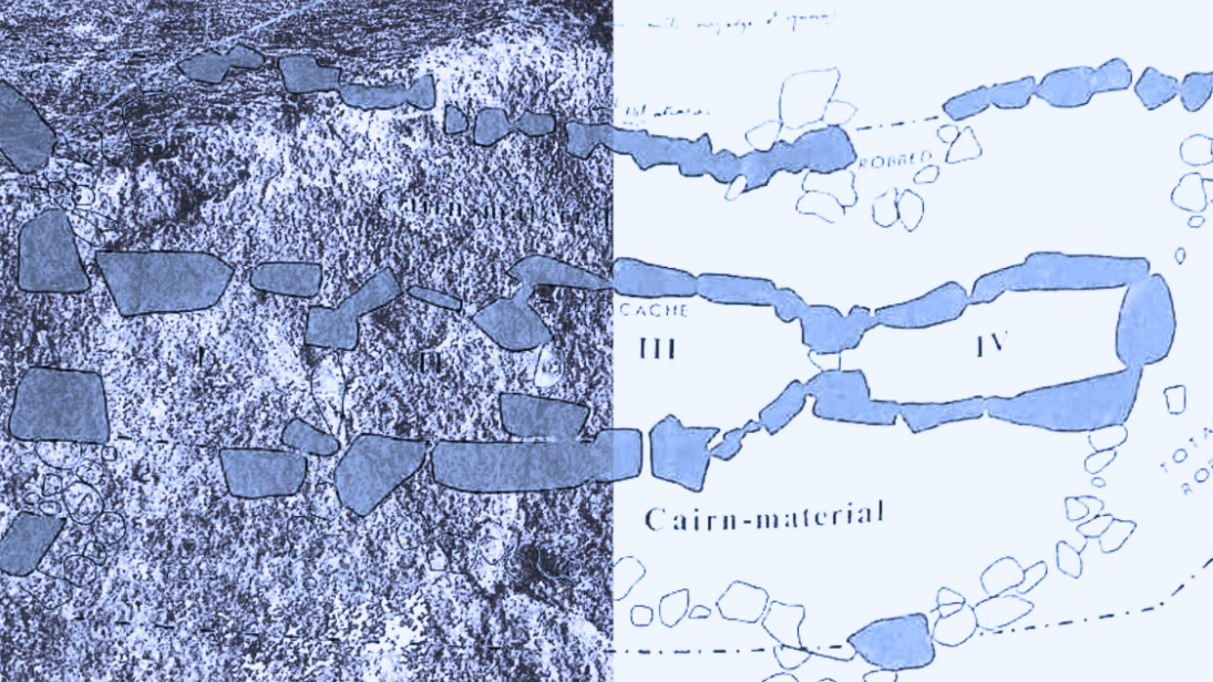 A blue drawing mapping old stones
