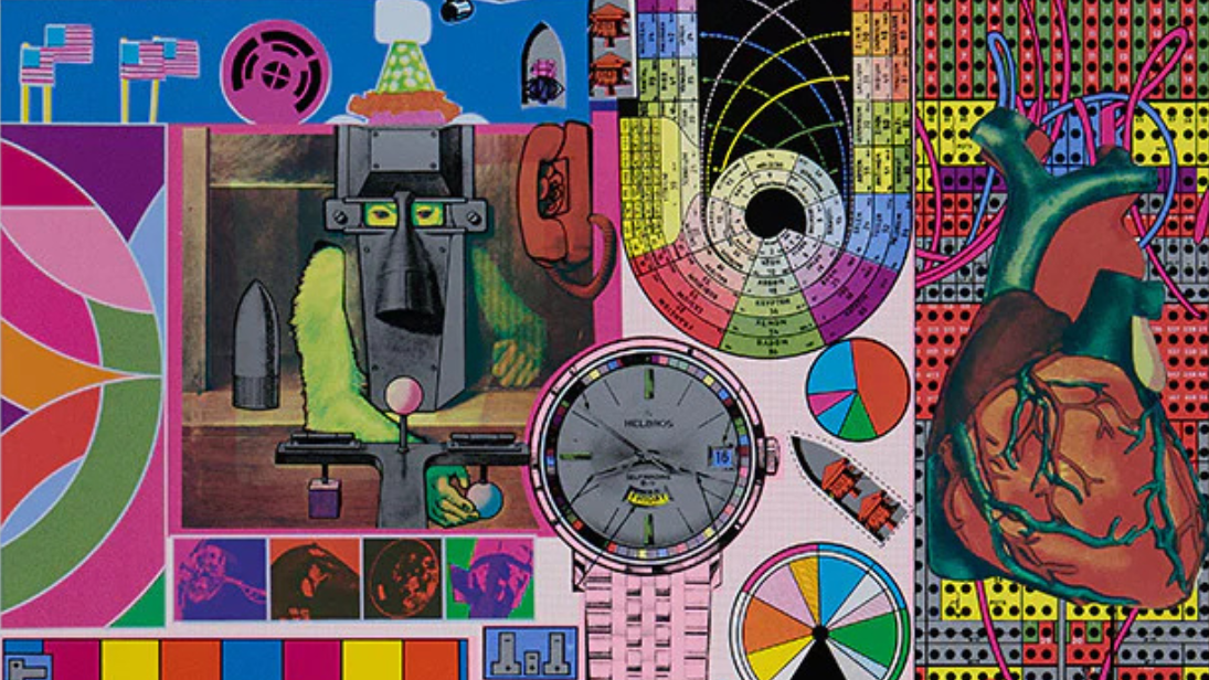 A multi colour collage of different images and colours as part of Kelpra prints exhibition at ulster museum