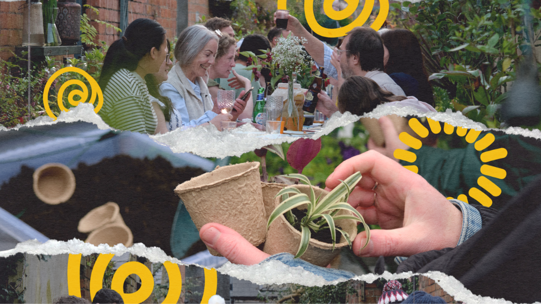 Several images cropped together of people planting posts in alleyways