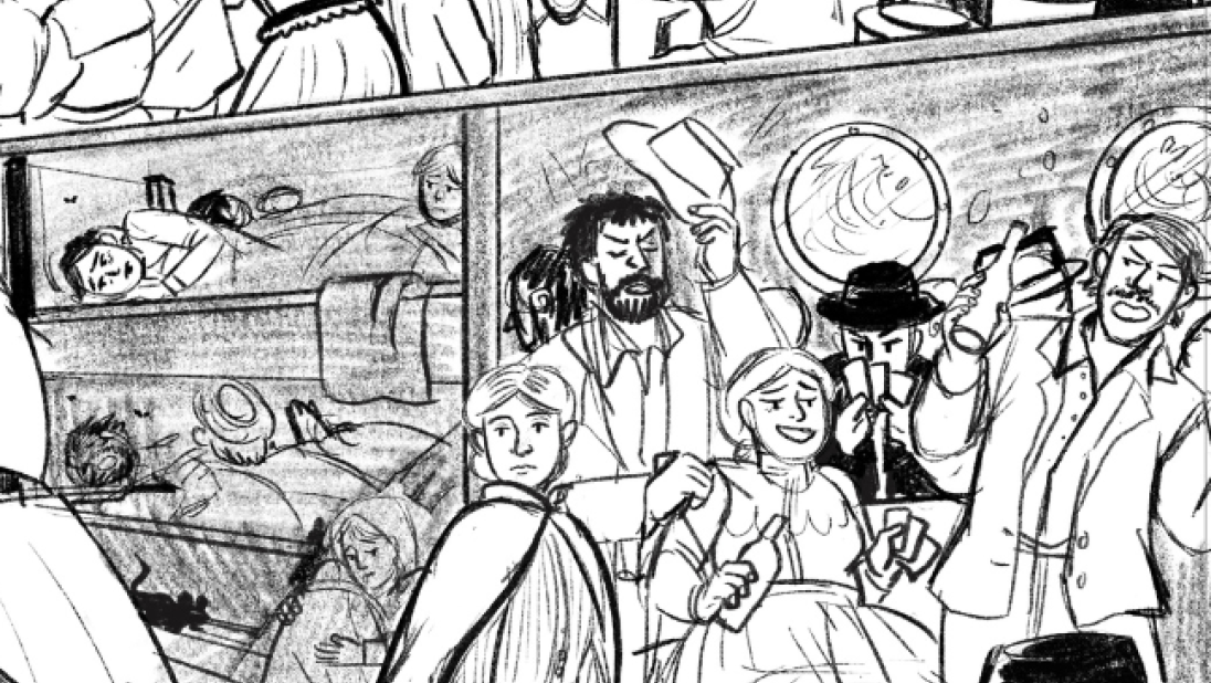 Fiona McDonnell illustration progress image, black and white, the journey