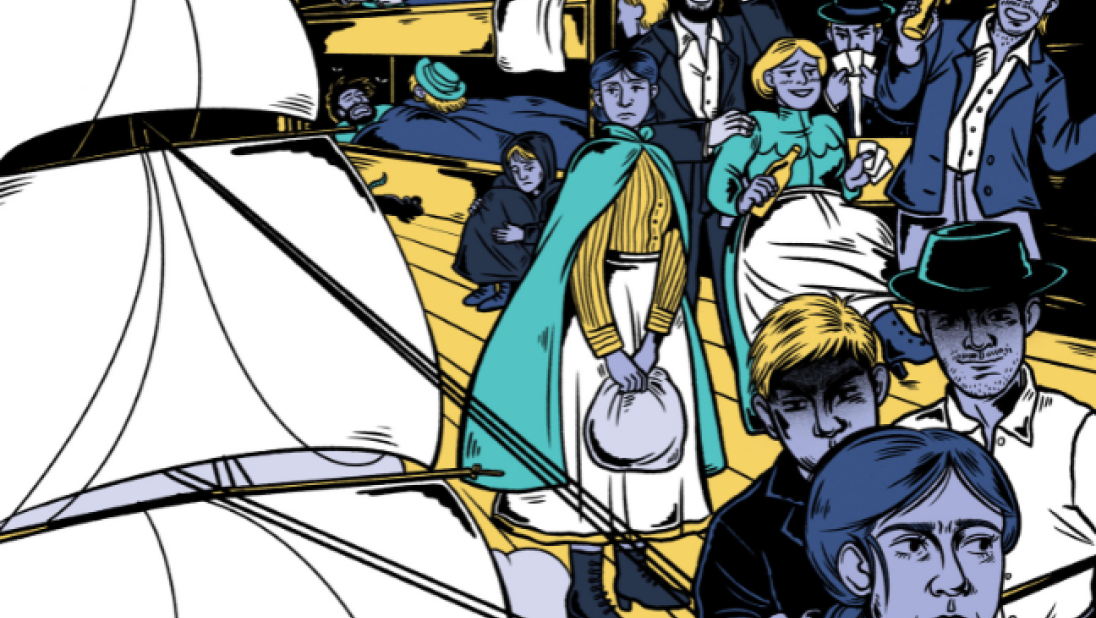 Colourful illustration of an immigrant ship from Ireland to America