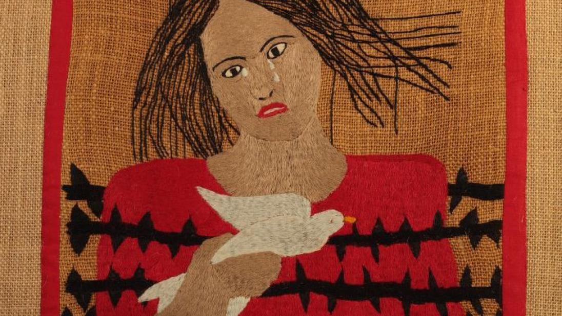 Mujer Paloma / Dove Woman (1985) arpillera by Olinda Gutiérrez, Mujeres Creativas, Peru 