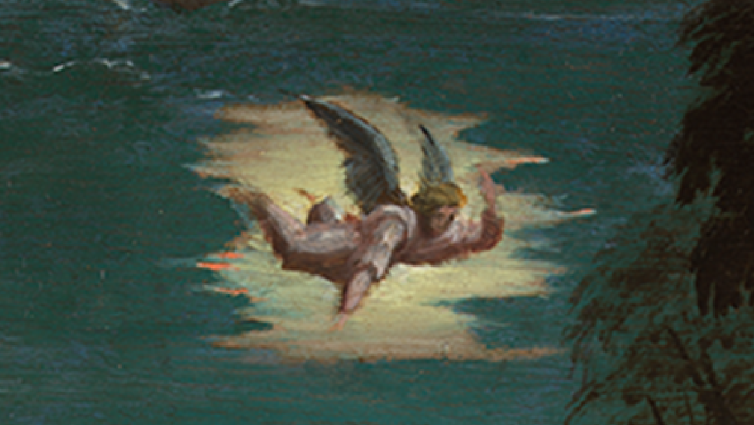 Angel appearing in a night sky, detail of The Nativity painting by Baldassare Peruzzi
