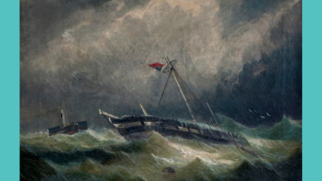 Painting of a ship in stormy seas