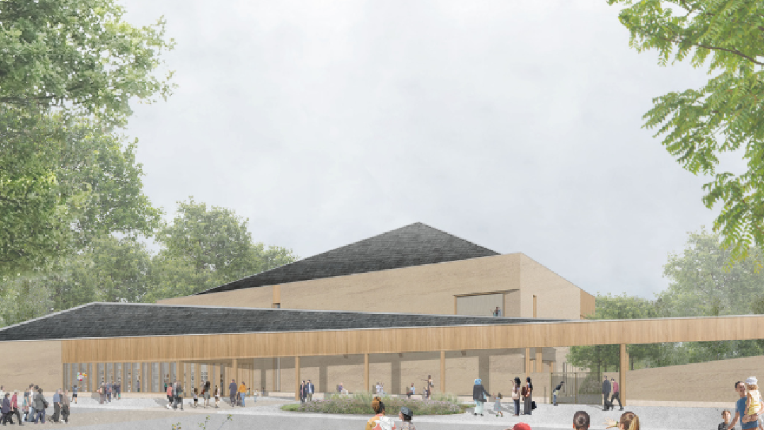 An artist's rendition of a welcome centre. The building is low, sitting amongst trees, and blends in well to its environment. 