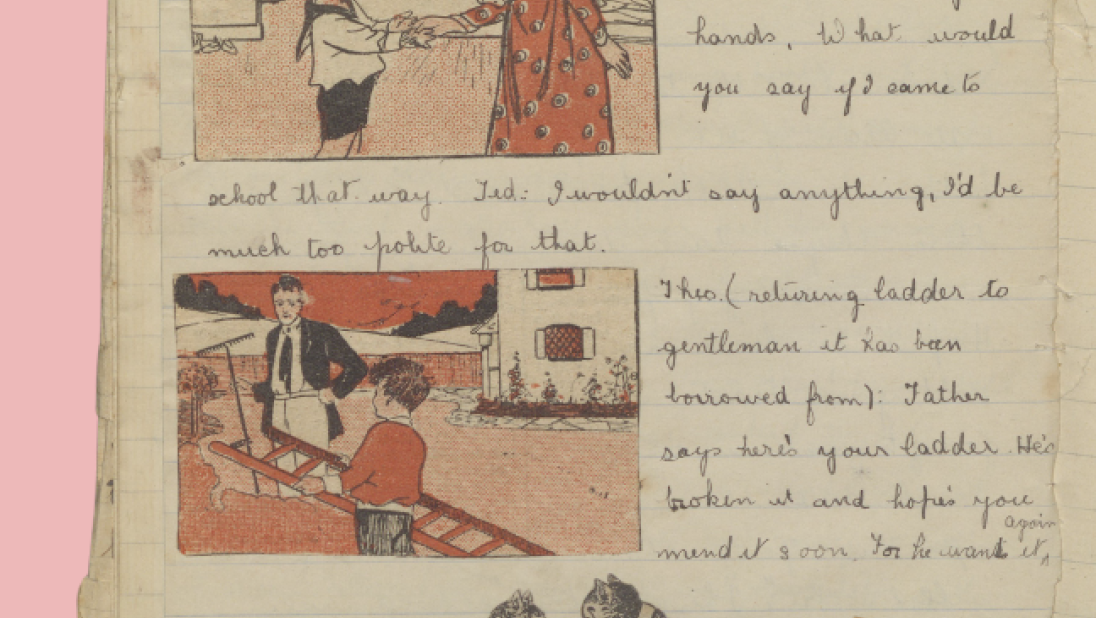 A page of a homemade magazine with cut out comic strips pasted in.