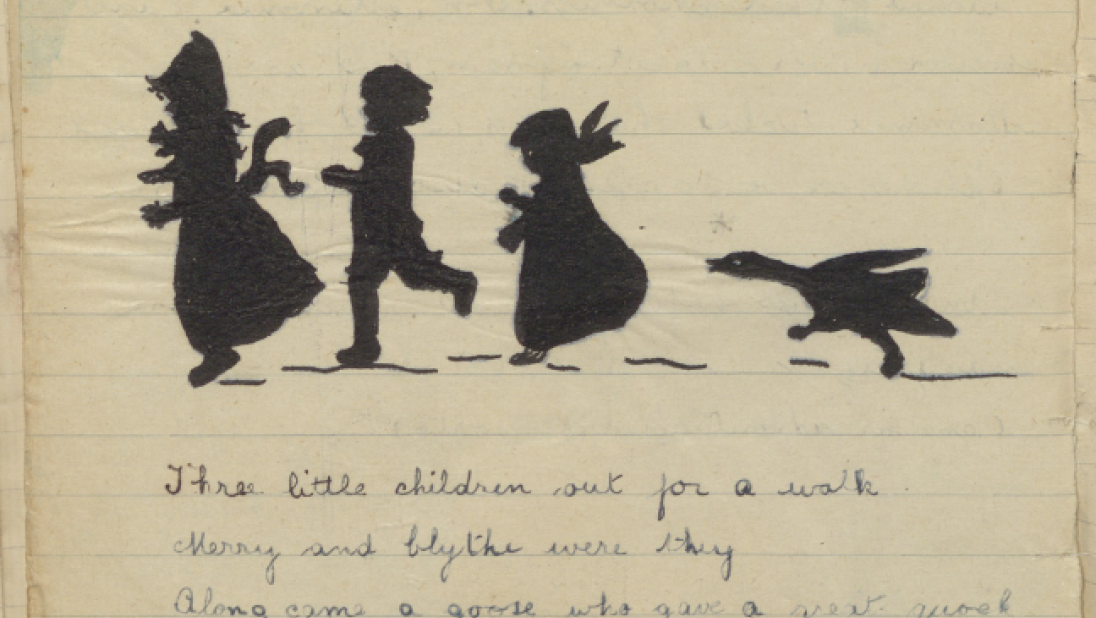 A page of a homemade magazine with a drawing and poem of children being chased by a goose.