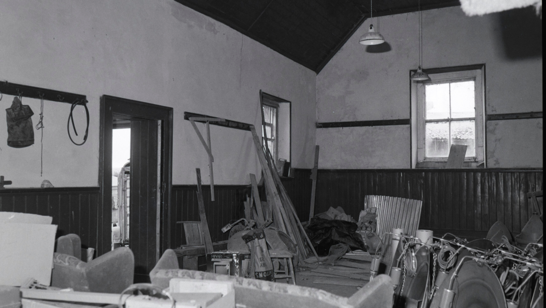 A black and white image of the inside of an Orange Hall.
