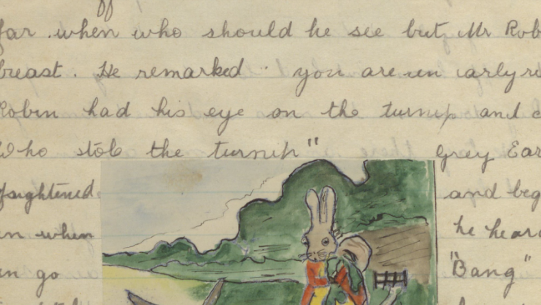An illustration in colour of a bunny walking along a lane. A robin is flying across his path.