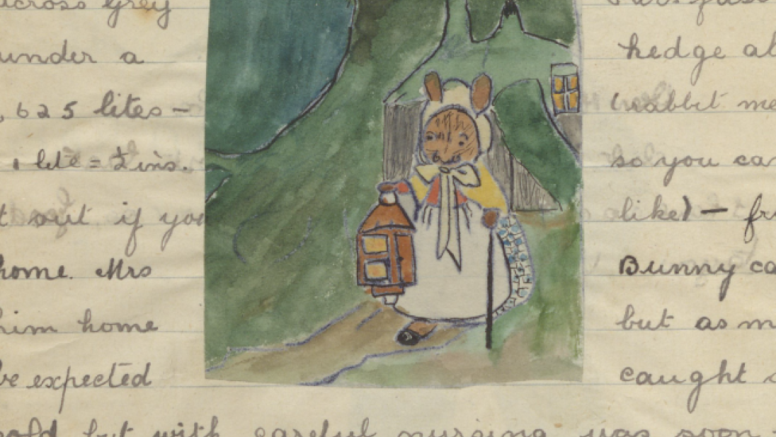 An illustration in colour of a mouse walking long a lane in the dark. She carries a lantern.