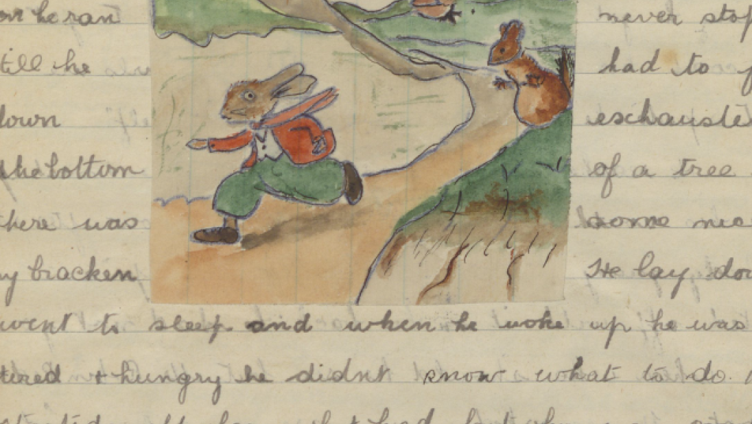 An illustration in colour of a bunny running along a forest path, seemingly pursued by a red or brown squirrel.