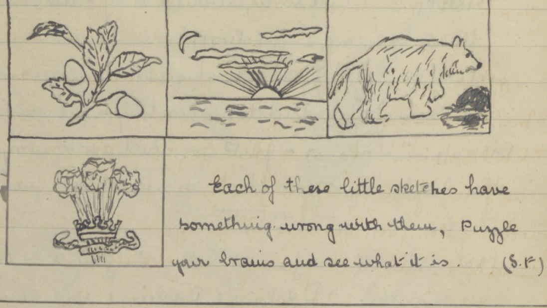 A handwritten page of a magazine with a puzzle inviting readers to figure out what is wrong in each drawing.
