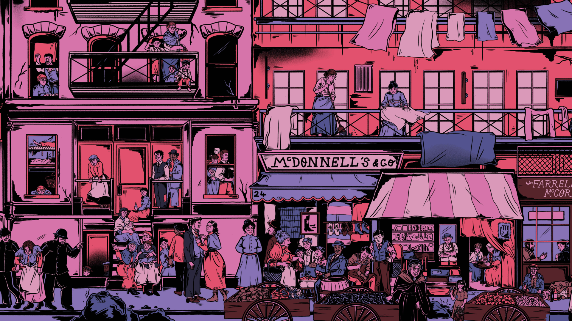 Fiona McDonnell Tenement Illustration, black and pink