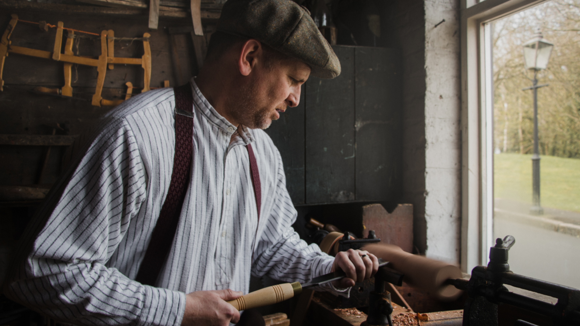Carpenter Peter Sloan at Lathe