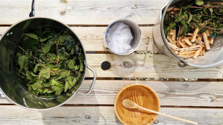 A table holding various pots with nettles, clothes pegs, etc., all set up for natural dyeing.