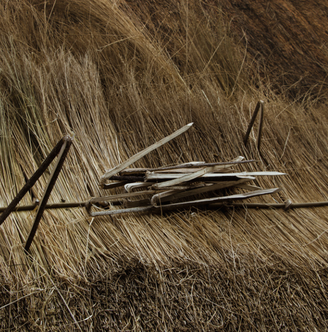 Wooden pegs stick out of a roof in the process of being thatched.