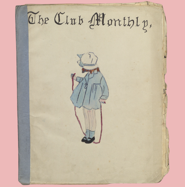 A handmade magazine from 1920, reading, 'The Club Monthly', with a drawing of a young girl skipping. 