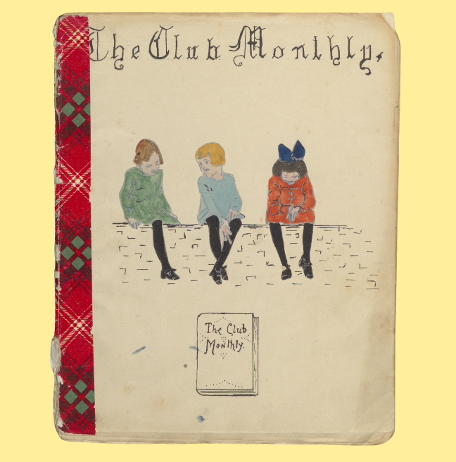 The cover of a handmade magazine from 1920. The illustration shows three young girls sitting on a wall.