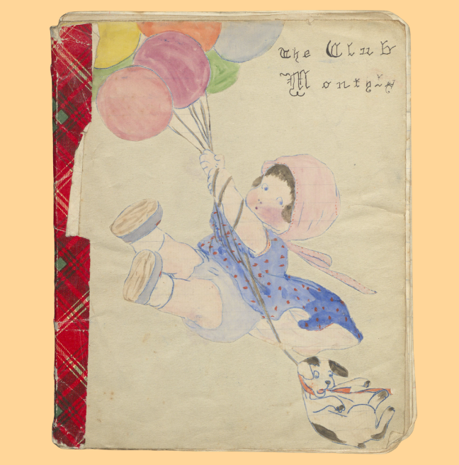 The cover of a handmade magazine from 1920. There is a handdrawn illustration of a child grabbing onto a bunch of balloons.