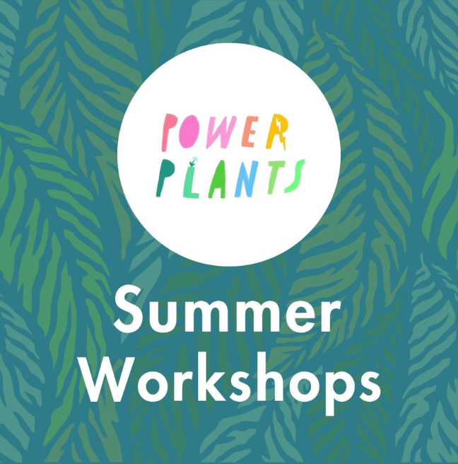 A design that has power plants written in coloured letters inside a white circle, placed on a green/turquoise background with palm leaf prints. Underneath the logo is Summer Workshops text in white writing
