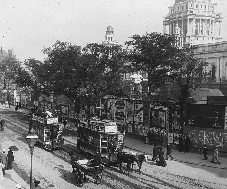 Horse-drawn trams in Donegall Square, Belfast