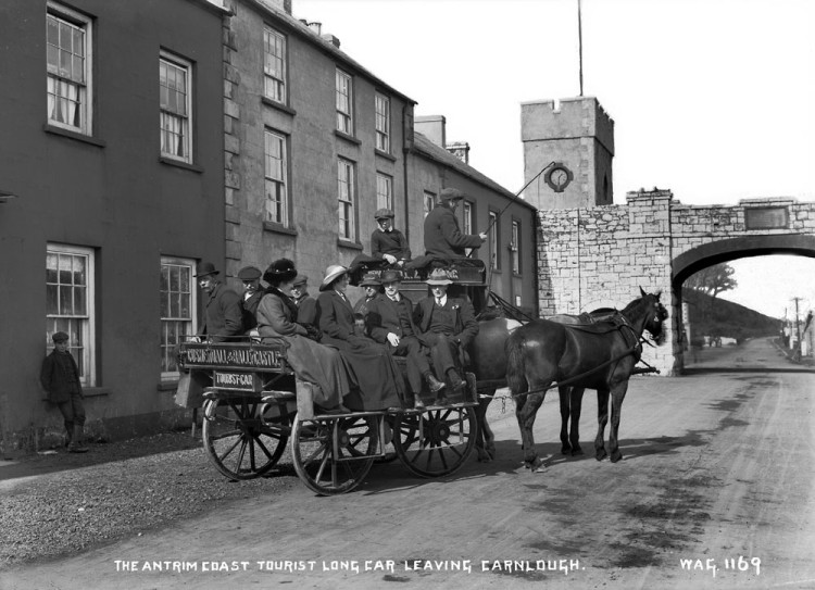 Two horse-drawn tourist long car, Carnlough