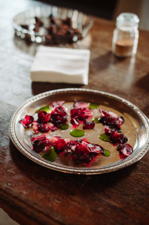 Two plates of seasonal food sitting in a table