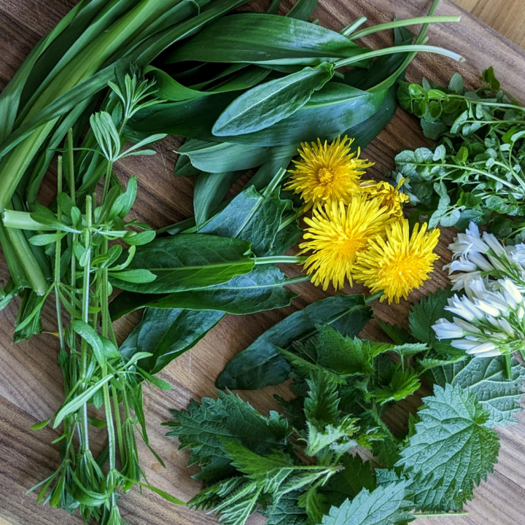 Foraged greens lie on a wooden cutting board.