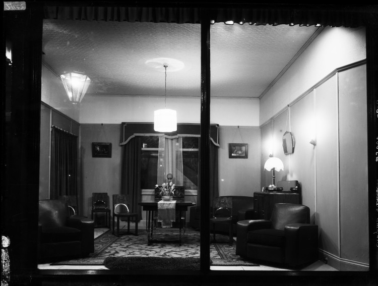 Wholesale furniture and bedding manufacturers. Window display, black and white photograph