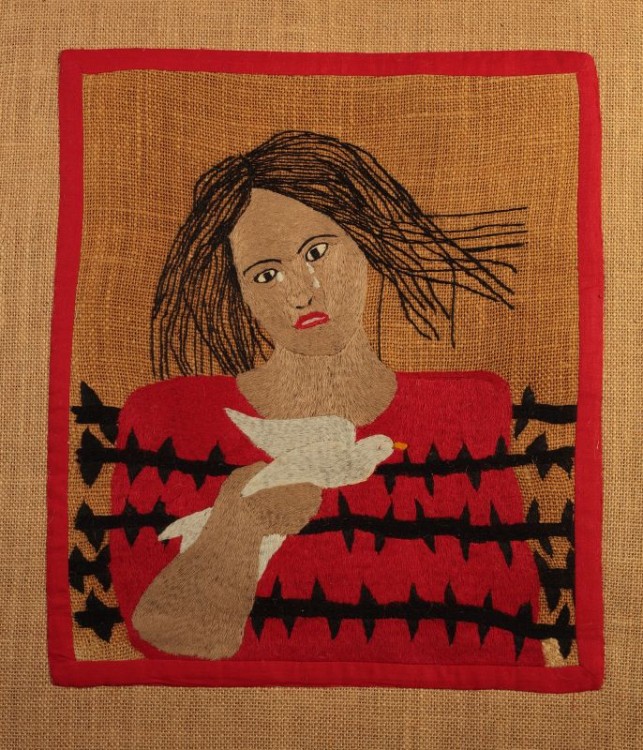 Mujer Paloma / Dove Woman (1985) arpillera by Olinda Gutiérrez, Mujeres Creativas, Peru 
