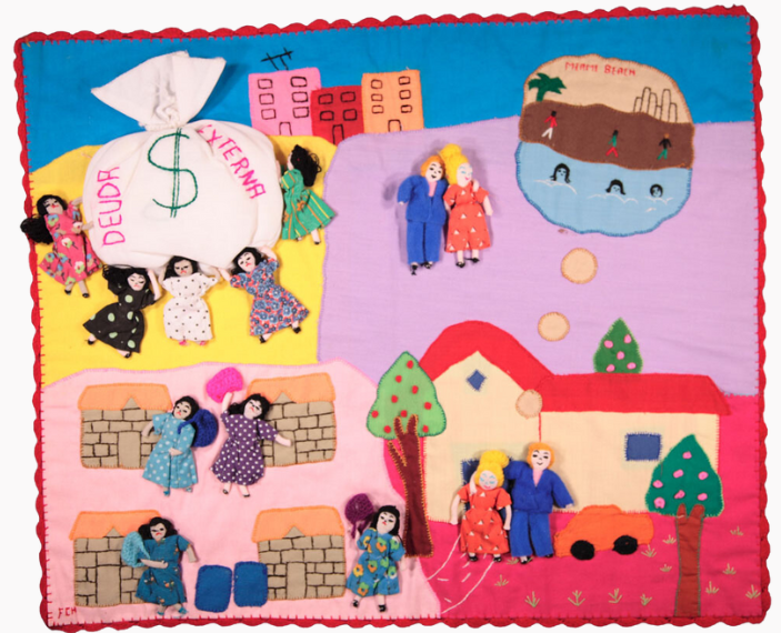‘¿Quién carga con la deuda externa? / Who Carries the External Debt?’ (2008) arpillera by FCH, Mujeres Creativas workshop (67cm x 60cm)