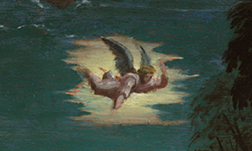 Angel appearing in a night sky, detail of The Nativity painting by Baldassare Peruzzi