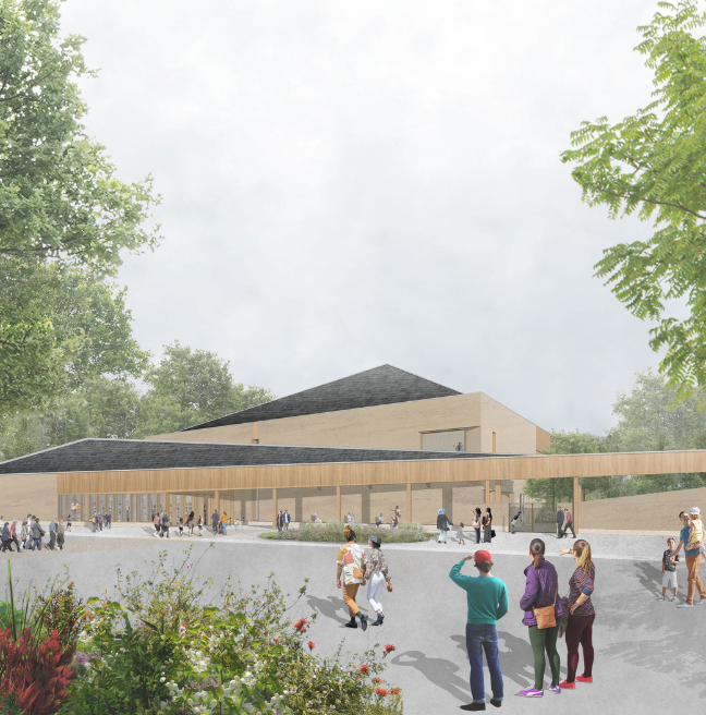 An artist's rendition of a welcome centre. The building is low, sitting amongst trees, and blends in well to its environment. 