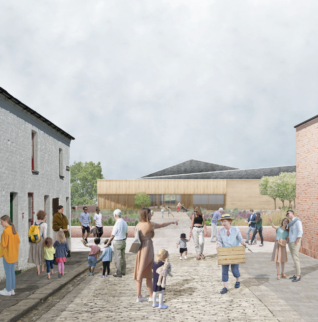 An artist's rendition of a welcome centre. We see the building from the angle of being inside of the folk museum. The buildng looks eco-friendly yet modern.