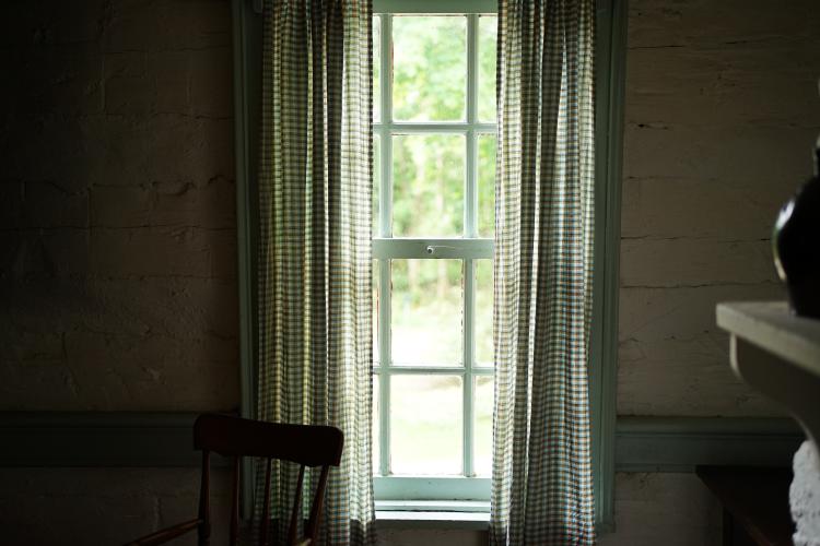 The view out of a window at a log farmhouse, showing a garden and green trees.