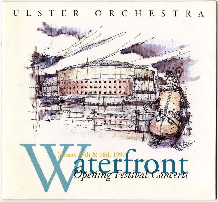 The Waterfront Hall opening leaflet featuring an illustration of the building and orchestra player to the right side