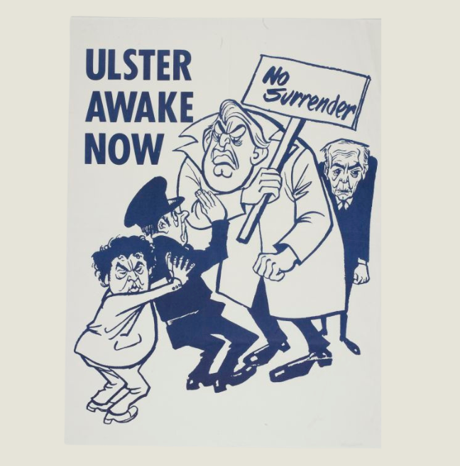 Cartoon illustration of Iain Paisley 'Ulster Awake Now, No Surrender'