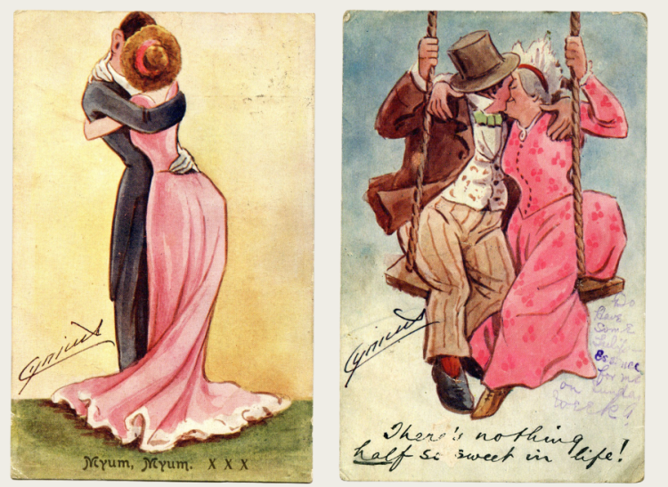 Two postcards featuring lovers embracing.