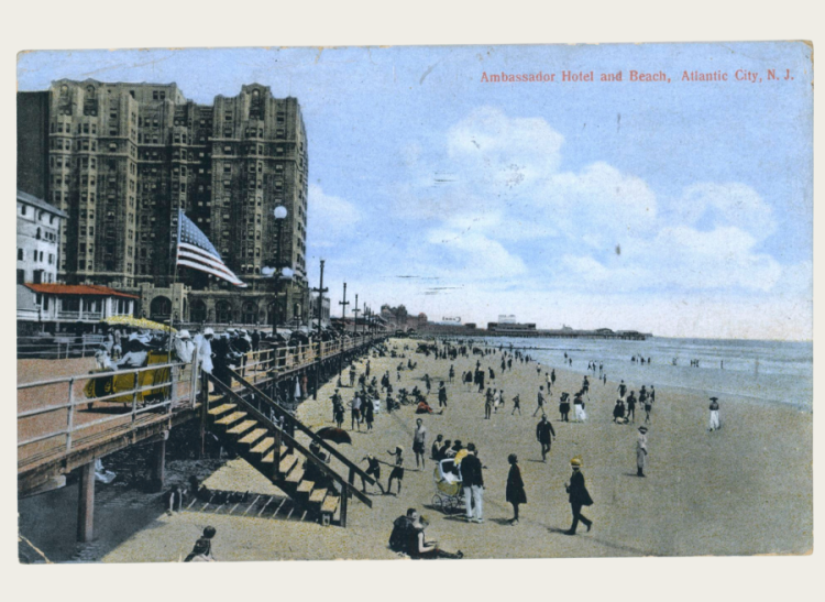 A postcard with a beachscape of Atlantic City. 