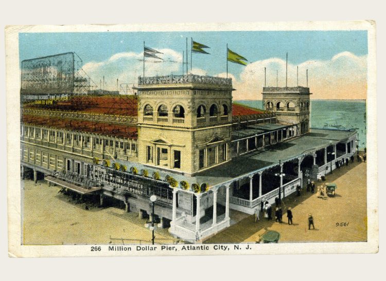 A postcard with a beachscape of Atlantic City. 