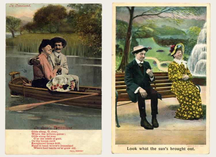 Two postcards featuring lovers sitting on benches. 