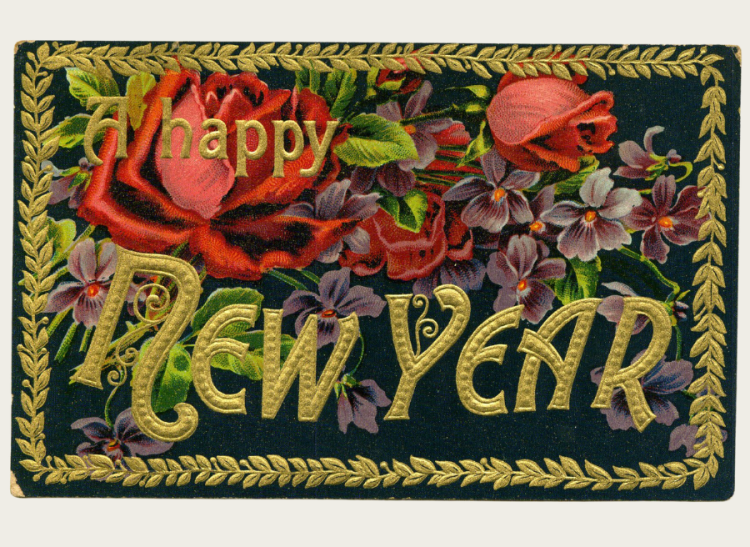 A bright postcard reading 'Happy New Year'.