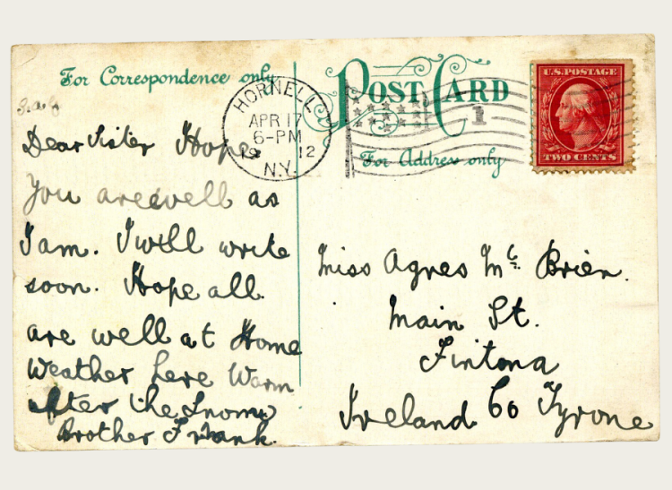 'Dear Sister, Hope you are well as I am. I will write soon. Hope all are well at Home. Weather here warm after the snow. Brother Frank'