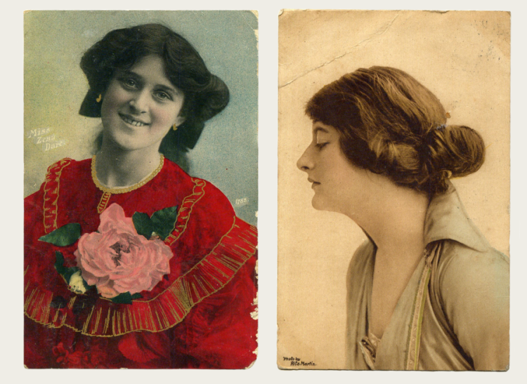 Two postcards featuring a woman. 