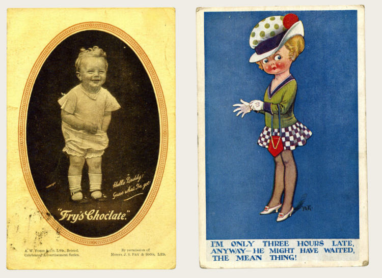 Two postcards; on the left, an advertisement for chocolate. On the right, a humourous drawing of a toddler dressed up fancy.