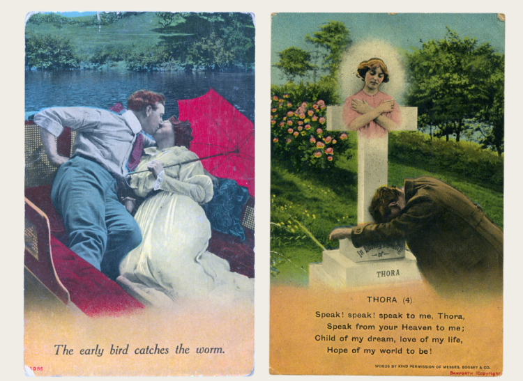 Two postcards; on the right, a couple embracing. On the left, a man lies at the foot of a grave. 
