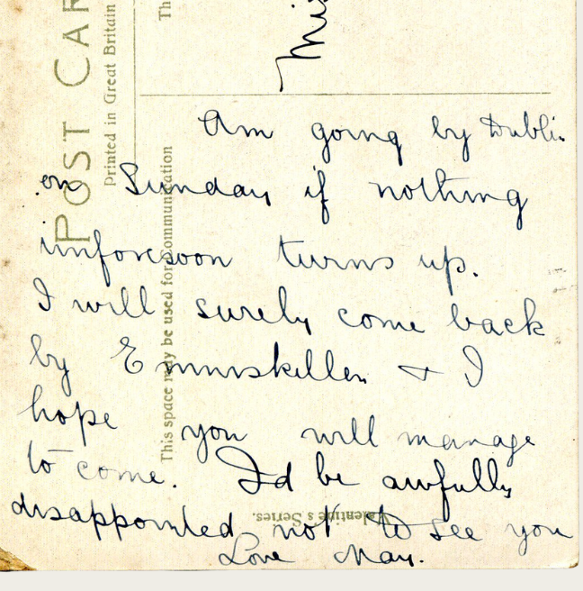 A postcard updating the recipient of the sender's intent to visit Dublin the coming weekend.
