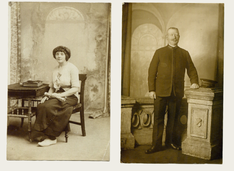 Two black and white postcards. The first features a young women sitting on a chair. The second is a man standing up, wearing a subtle uniform.