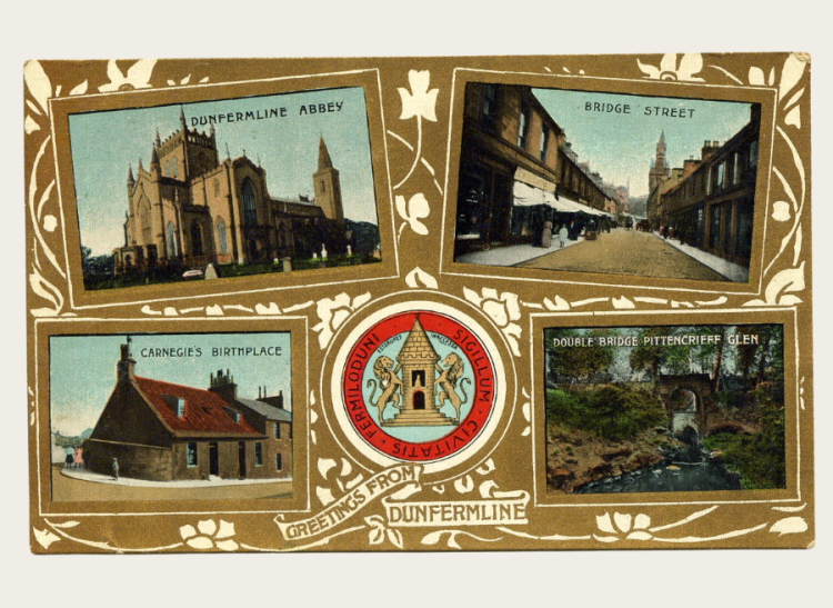 A postcard from Dunfermline with illustrations of landmarks.
